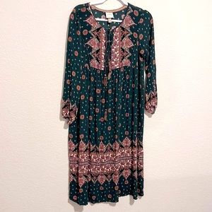 Knox Rose Women SZ S Boho Peasant Green Floral MIDI Dress